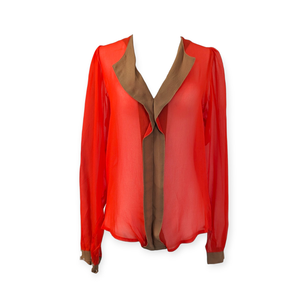 Sam & Lavi Sheer Red Chiffon Blouse with Brown Collar Anthropologie